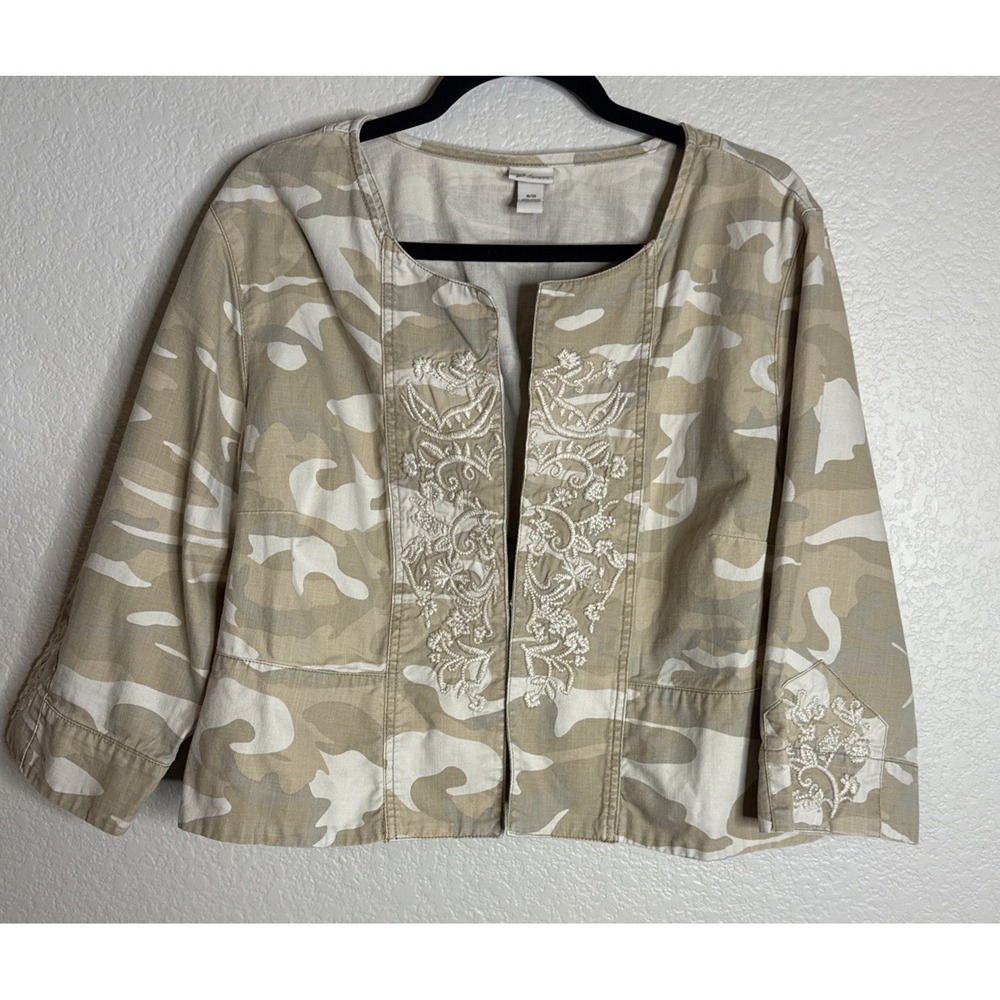 Venezia Womens 18/20 Khaki Camo Print Crop 3/4 Sleeve Jacket Embroidery Preppy